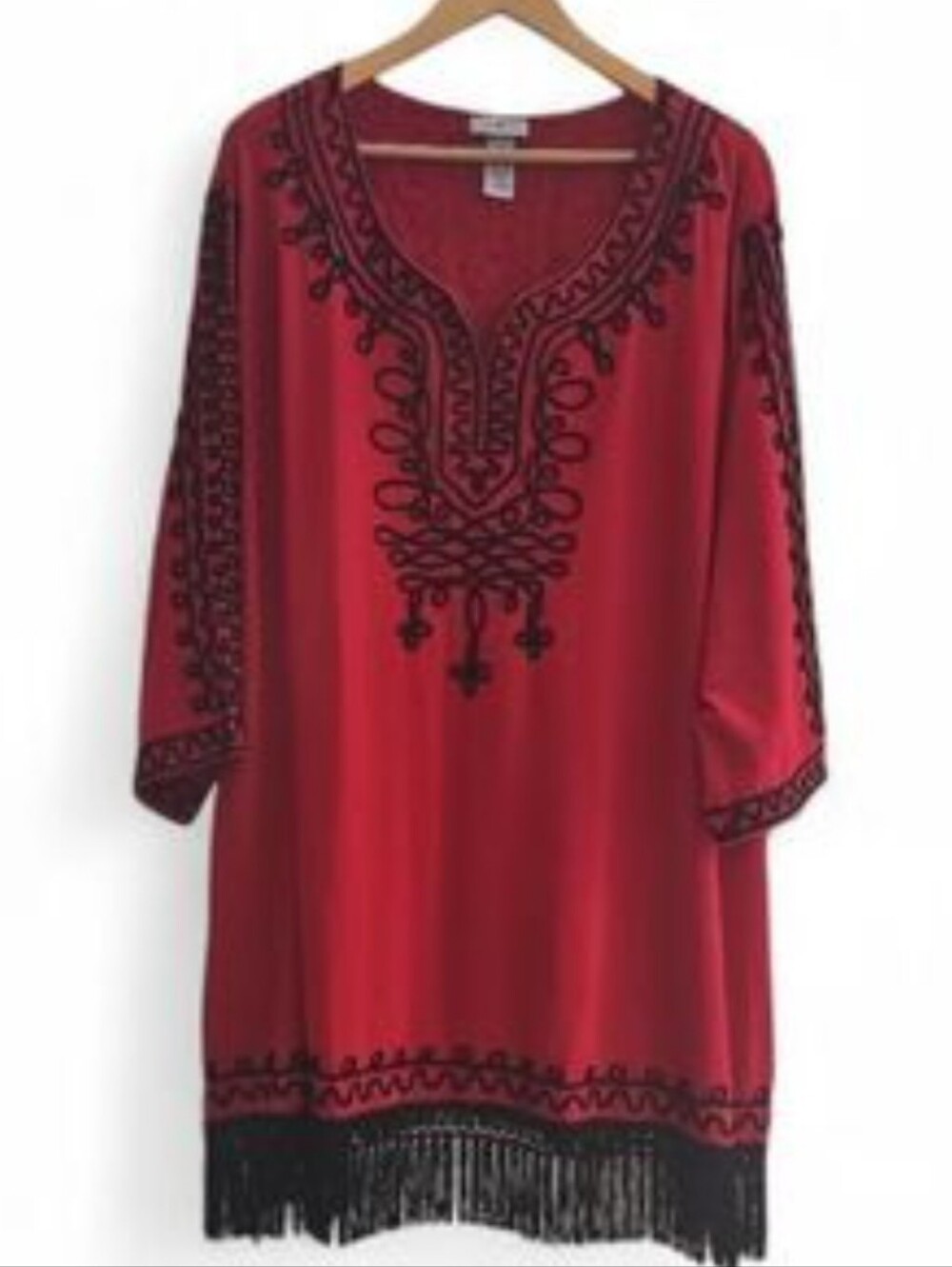 Catherines Red Tunic with Black Embroidered Yoke & Fringe